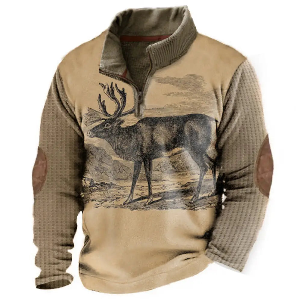 Men’s Western Vintage Elk Print Casual Loose Stand Collar Zipper Waffle Sweatshirt A / S