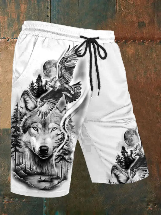 Men’s wolf print casual shorts White / S