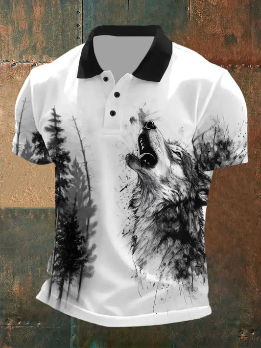 Men’s wolf print casual tops As picture / S