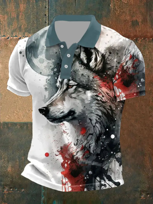 Men’s wolf print casual tops Blue-Green / S