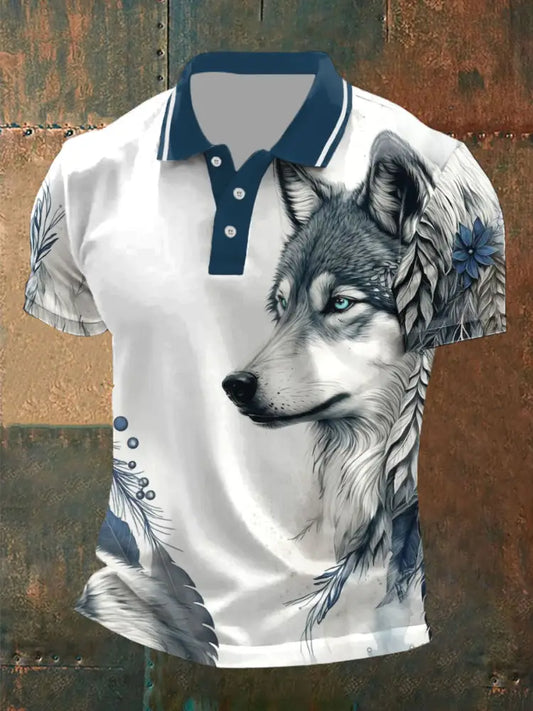 Men’s wolf print casual tops Navy Blue / S