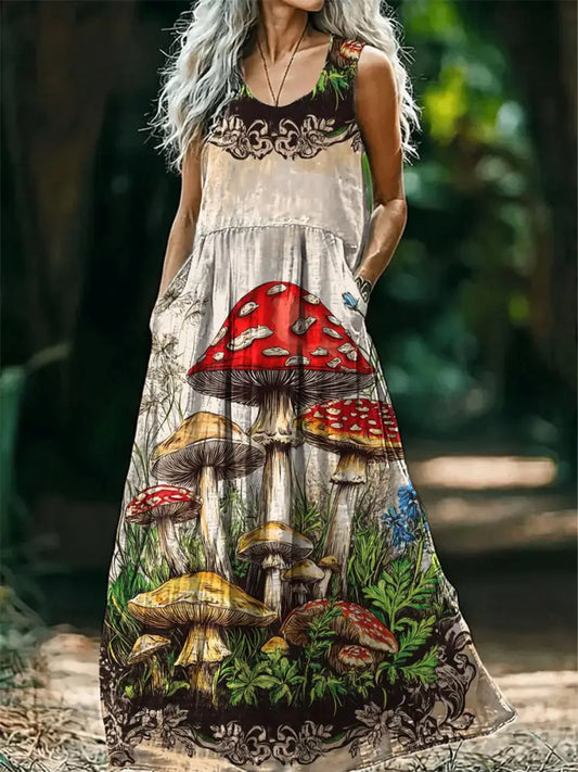 Vintage V-neck Bohemian Mushroom Floral Print Elegant Chic Loose Midi Dress A / S