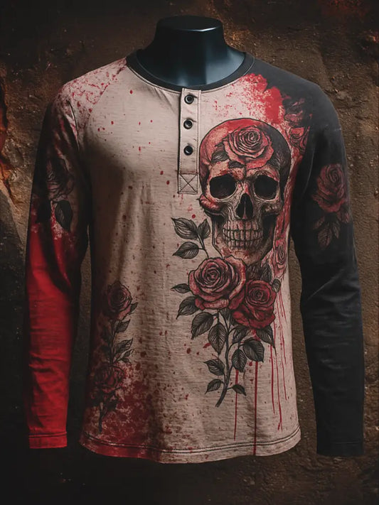 Punk Blood Floral Art Printed Retro Style Casual Button V-Neck Long Sleeves T-Shirt A / S