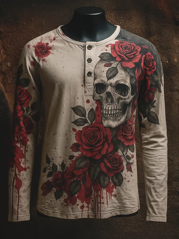 Punk Blood Floral Art Printed Retro Style Casual Button V-Neck Long Sleeves T-Shirt A / S