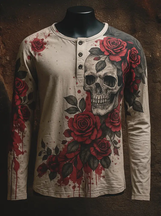 Punk Blood Floral Art Printed Retro Style Casual Button V-Neck Long Sleeves T-Shirt A / S