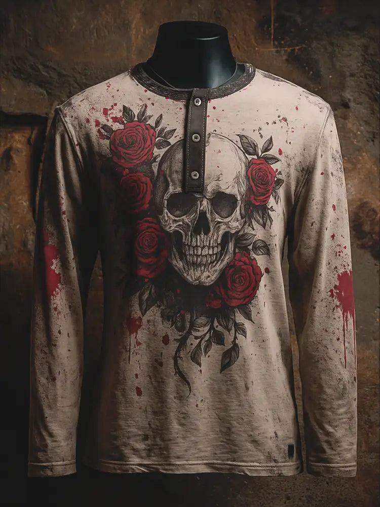 Punk Blood Floral Art Printed Retro Style Casual Button V-Neck Long Sleeves T-Shirt A / S