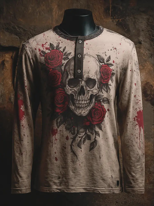 Punk Blood Floral Art Printed Retro Style Casual Button V-Neck Long Sleeves T-Shirt A / S