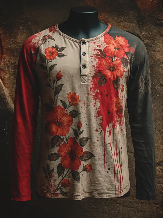 Punk Blood Floral Art Printed Retro Style Casual Button V-Neck Long Sleeves T-Shirt A / S