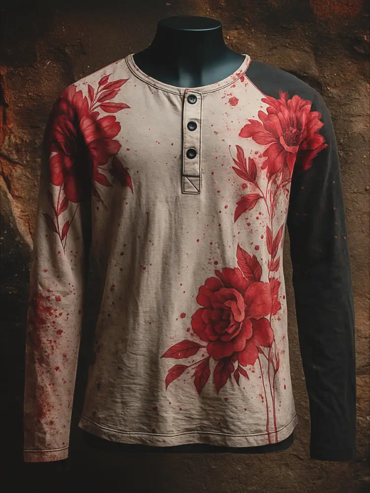 Punk Blood Floral Art Printed Retro Style Casual Button V-Neck Long Sleeves T-Shirt A / S