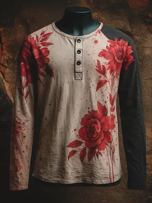 Punk Blood Floral Art Printed Retro Style Casual Button V-Neck Long Sleeves T-Shirt A / S