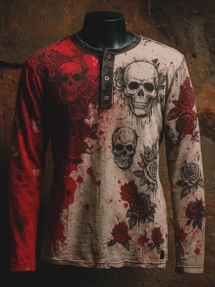 Punk Blood Floral Art Printed Retro Style Casual Button V-Neck Long Sleeves T-Shirt A / S