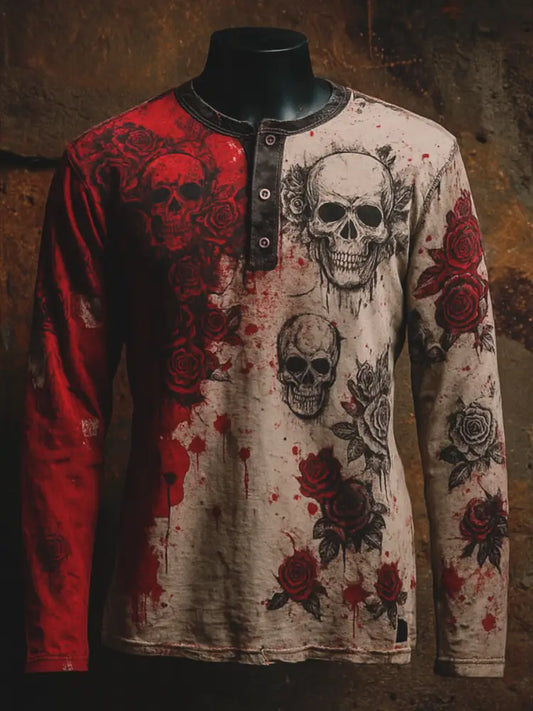 Punk Blood Floral Art Printed Retro Style Casual Button V-Neck Long Sleeves T-Shirt A / S