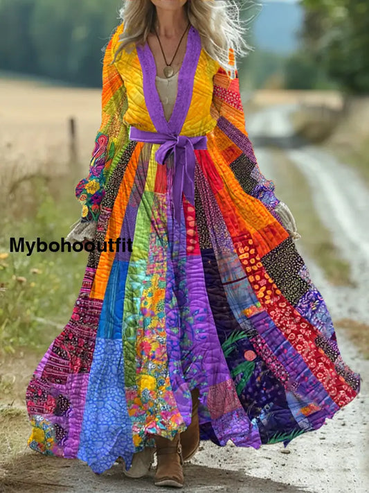 Vintage Bohemian Floral Art Print Retro Chic Lace-Up V-Neck Cotton Long Sleeve Midi Dress A / S
