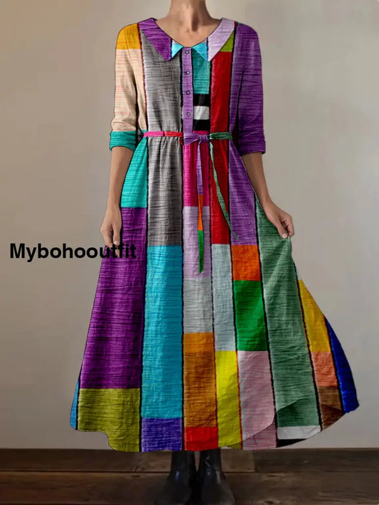 Retro Abstract Art Print Vintage Chic Round Neck Button Long Sleeve Midi Dress A / S