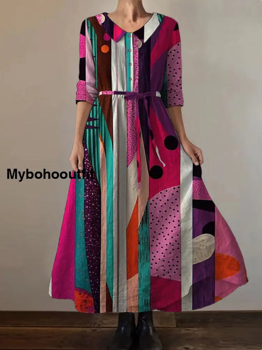 Retro Abstract Art Print Vintage Chic Round Neck Button Long Sleeve Midi Dress A / S