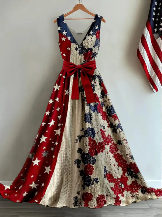 Retro American Flag Applique Floral Art Print V-Neck Sleeveless Cotton Maxi Dress A / S