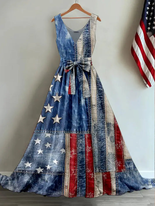Retro American Flag Applique Floral Art Print V-Neck Sleeveless Cotton Maxi Dress A / S