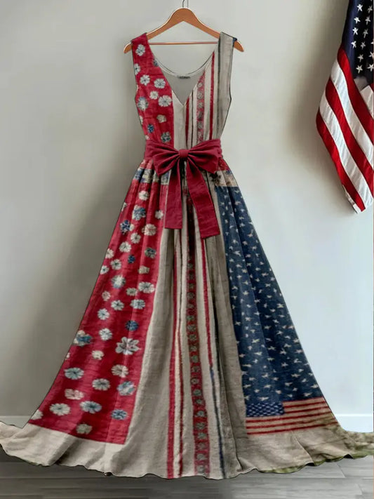 Retro American Flag Applique Floral Art Print V-Neck Sleeveless Cotton Maxi Dress A / S