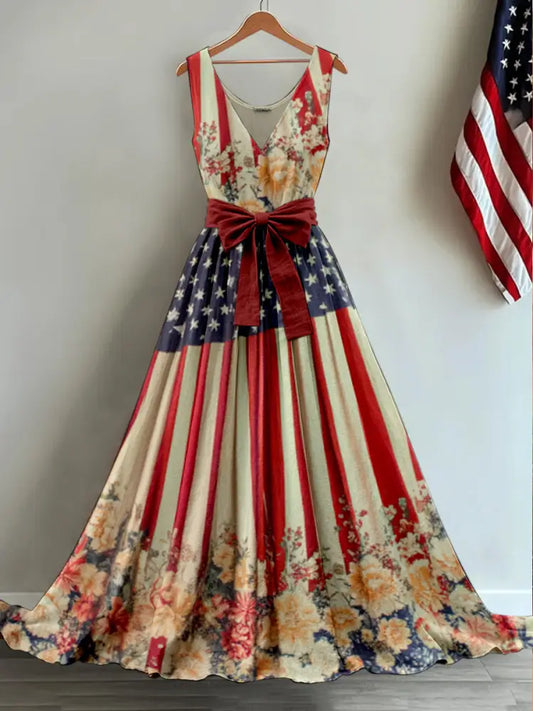 Retro American Flag Applique Floral Art Print V-Neck Sleeveless Cotton Maxi Dress A / S