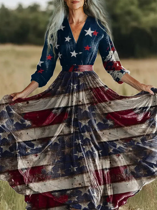 Retro American Flag Art Printed Vintage V-Neck Long Sleeves Midi Dress A / S