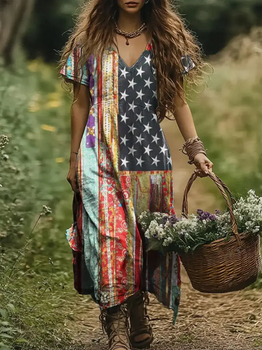 Retro American Flag Boho Floral Print Vintage Chic V-Neck Cotton Short Sleeve Midi Dress A / S