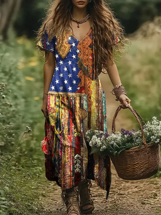 Retro American Flag Boho Floral Print Vintage Chic V-Neck Cotton Short Sleeve Midi Dress A / S