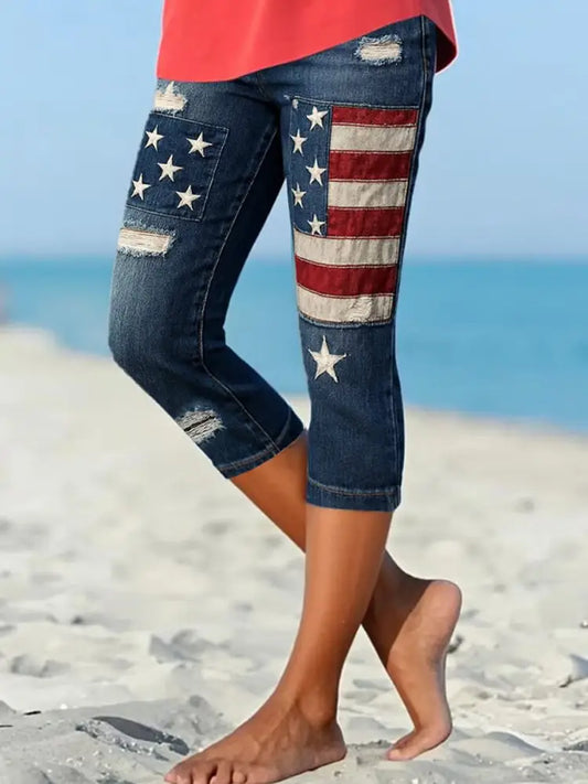 Retro American Flag Floral Art Print Relaxing High-Elasticity Comfortable Base Pants A / S