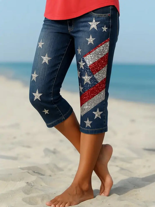 Retro American Flag Floral Art Print Relaxing High-Elasticity Comfortable Base Pants A / S