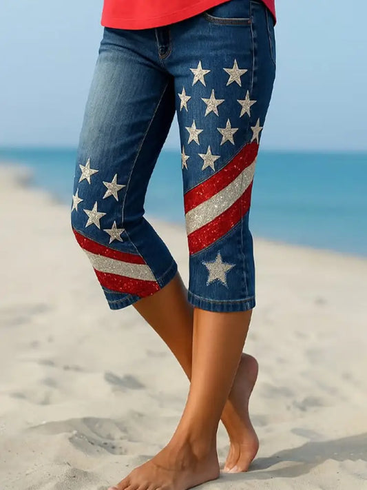 Retro American Flag Floral Art Print Relaxing High-Elasticity Comfortable Base Pants A / S