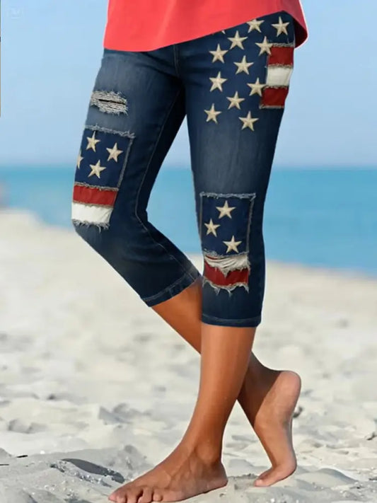 Retro American Flag Floral Art Print Relaxing High-Elasticity Comfortable Base Pants A / S