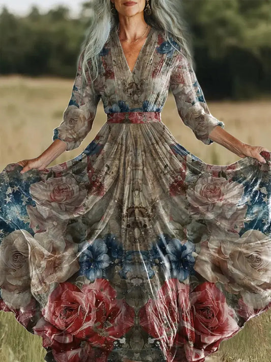 Retro American Flag Floral Art Printed Vintage V-Neck Long Sleeves Midi Dress A / S