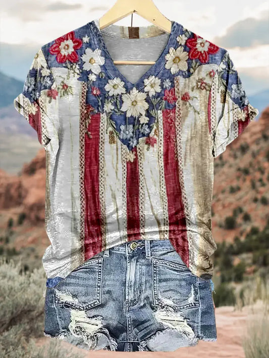 Retro American Flag Floral Pattern Printed Vintage V-Neck Short Sleeves Shirt A / S