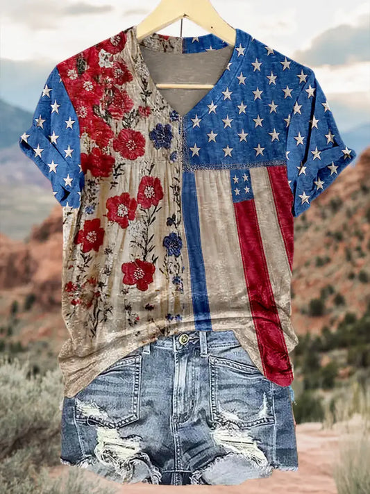 Retro American Flag Floral Pattern Printed Vintage V-Neck Short Sleeves Shirt A / S