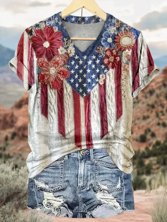 Retro American Flag Floral Pattern Printed Vintage V-Neck Short Sleeves Shirt A / S