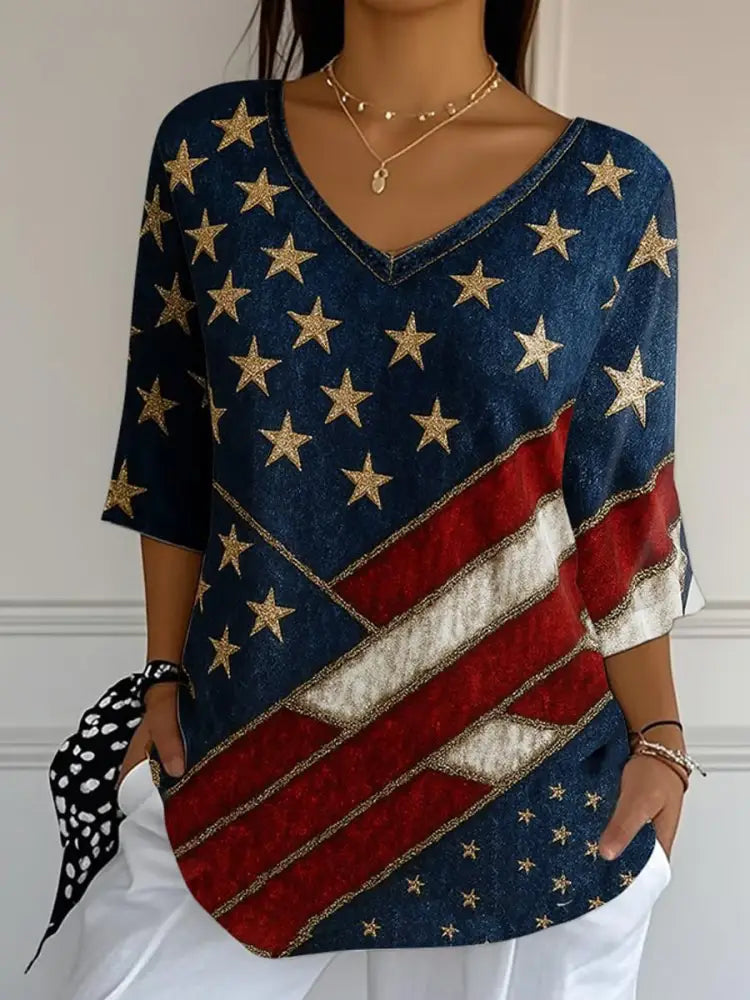 Retro American Flag Floral Printed V-Neck Loose Casual Mid-Length Sleeves Top A / S