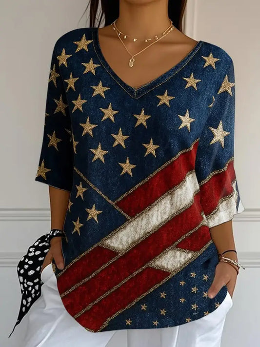 Retro American Flag Floral Printed V-Neck Loose Casual Mid-Length Sleeves Top A / S
