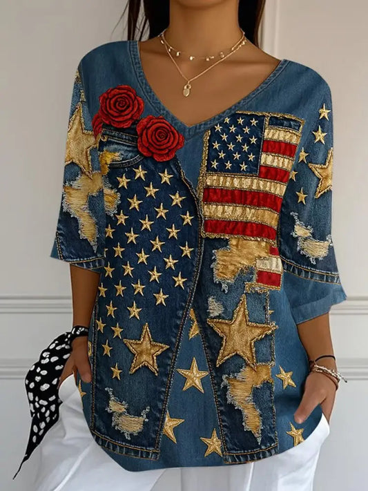 Retro American Flag Floral Printed V-Neck Loose Casual Mid-Length Sleeves Top A / S