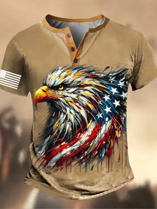 Retro American Flag Independence Day Printed Athletic Fastener V-Neck Short Sleeves Henley Shirt A / S