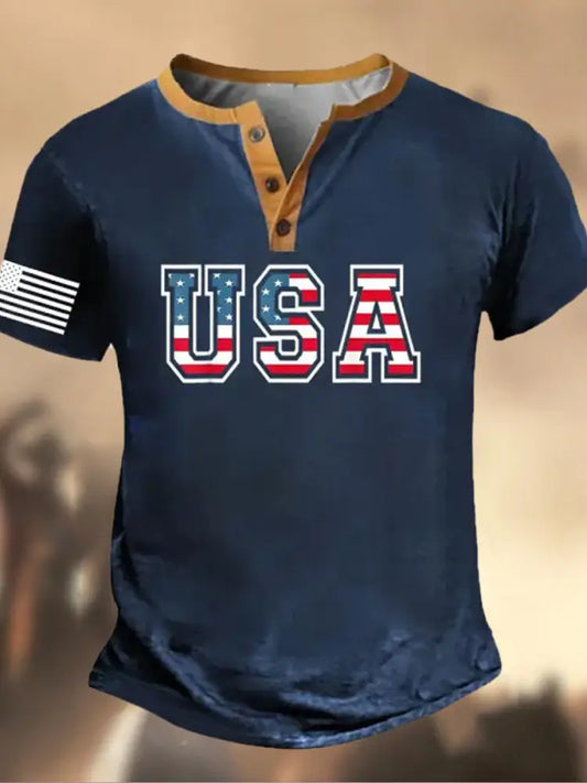Retro American Flag Independence Day Printed Athletic Fastener V-Neck Short Sleeves Henley Shirt A / S