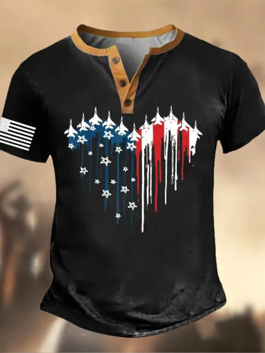 Retro American Flag Independence Day Printed Athletic Fastener V-Neck Short Sleeves Henley Shirt A / S
