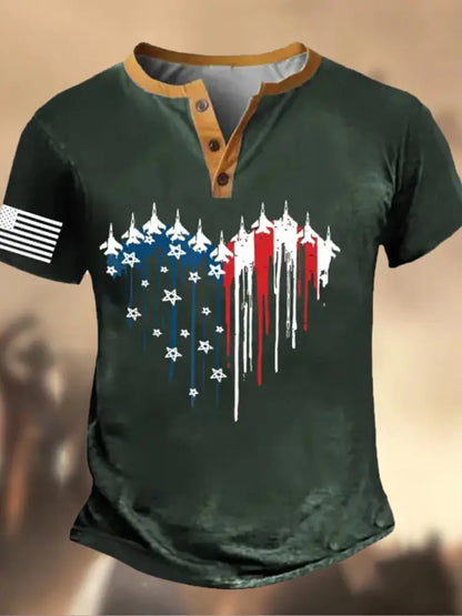 Retro American Flag Independence Day Printed Athletic Fastener V-Neck Short Sleeves Henley Shirt B / S
