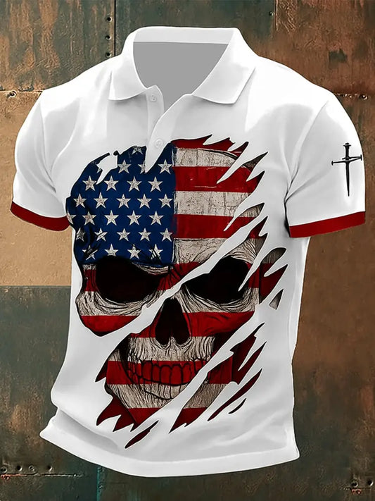 Retro American Flag Skull Art Printed Athletic Retro Style V-Neck Short Sleeves Polo-Shirt A / S