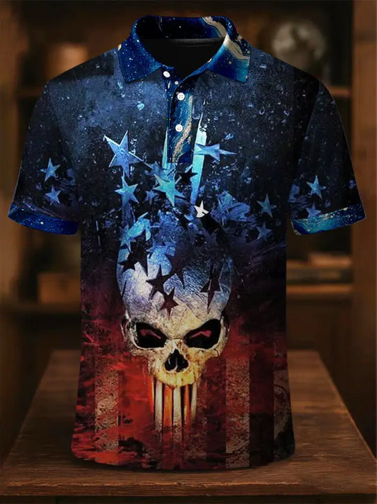 Retro American Flag Skull Art Printed Athletic Retro Style V-Neck Short Sleeves Polo-Shirt A / S