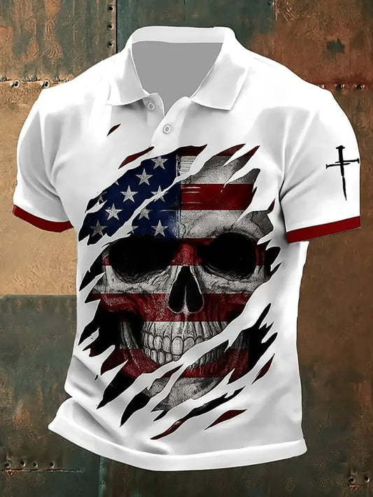 Retro American Flag Skull Art Printed Athletic Retro Style V-Neck Short Sleeves Polo-Shirt A / S