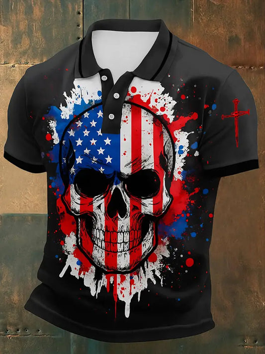 Retro American Flag Skull Art Printed Athletic Retro Style V-Neck Short Sleeves Polo-Shirt A / S