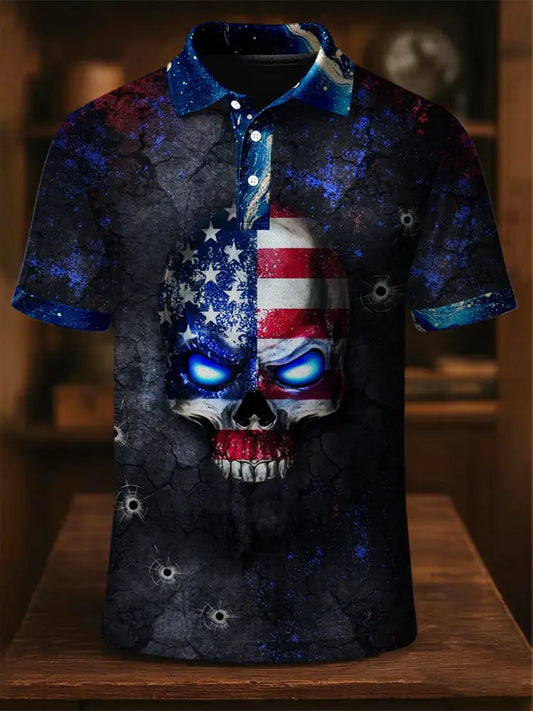 Retro American Flag Skull Art Printed Athletic Retro Style V-Neck Short Sleeves Polo-Shirt A / S