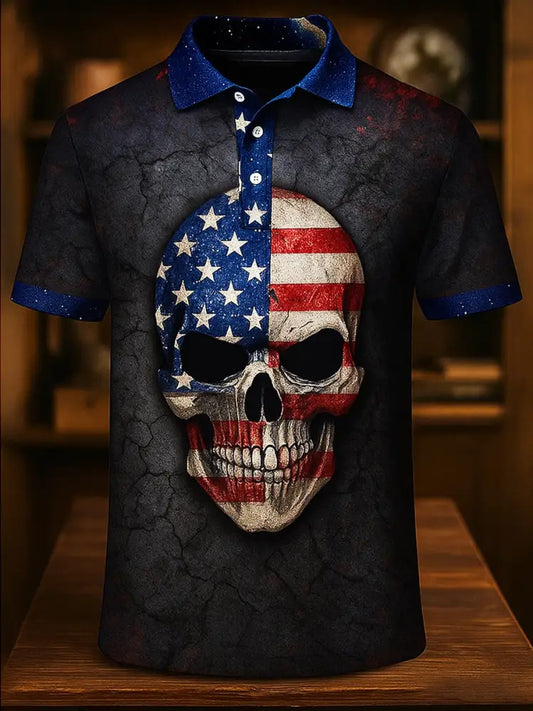 Retro American Flag Skull Art Printed Athletic Retro Style V-Neck Short Sleeves Polo-Shirt A / S