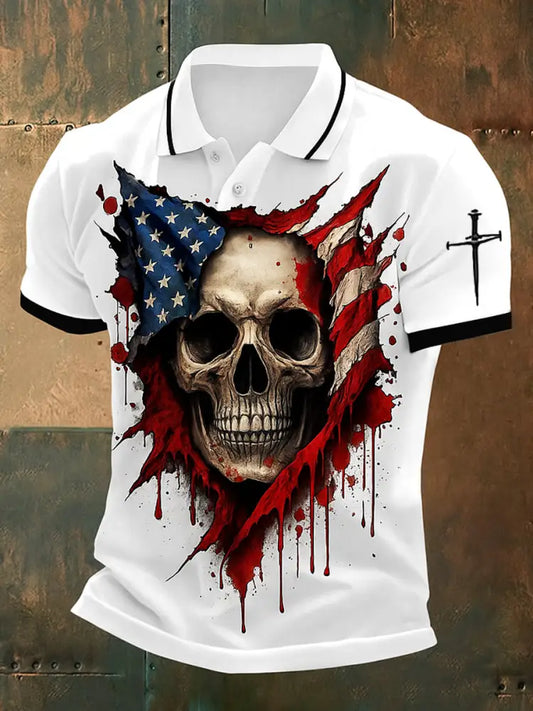 Retro American Flag Skull Art Printed Athletic Retro Style V-Neck Short Sleeves Polo-Shirt A / S