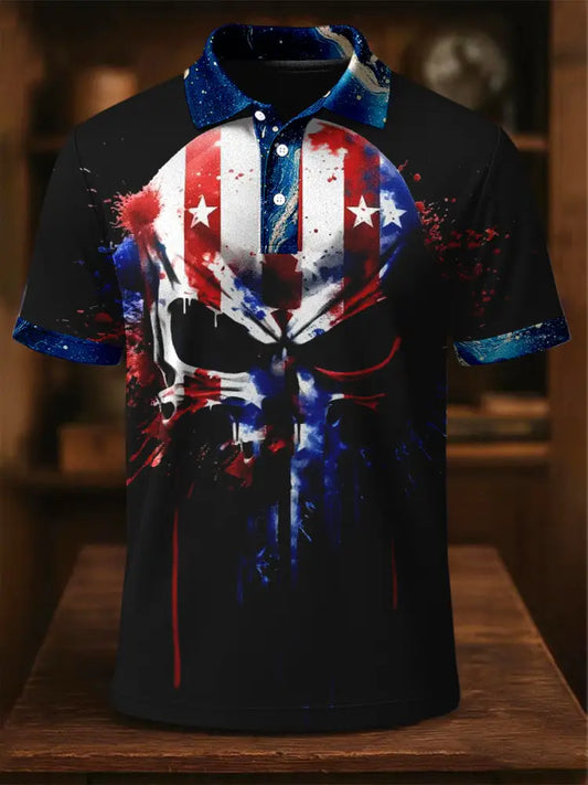 Retro American Flag Skull Art Printed Athletic Retro Style V-Neck Short Sleeves Polo-Shirt A / S