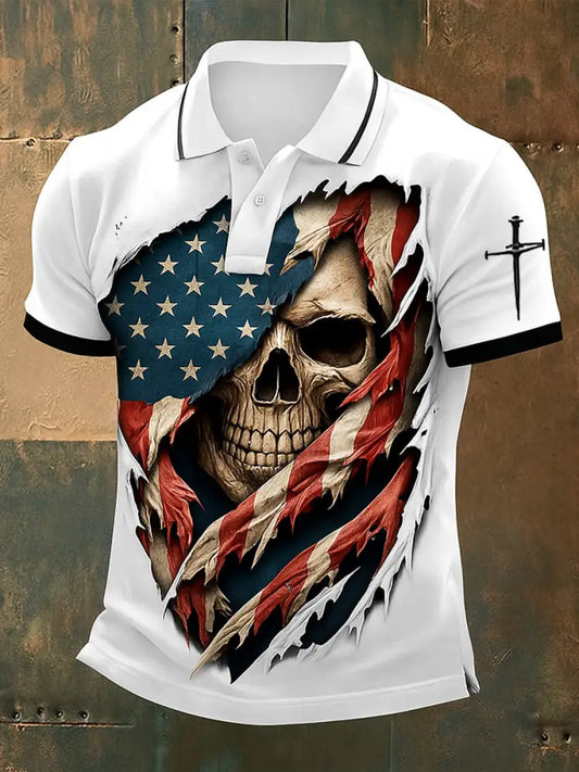 Retro American Flag Skull Art Printed Athletic Retro Style V-Neck Short Sleeves Polo-Shirt A / S
